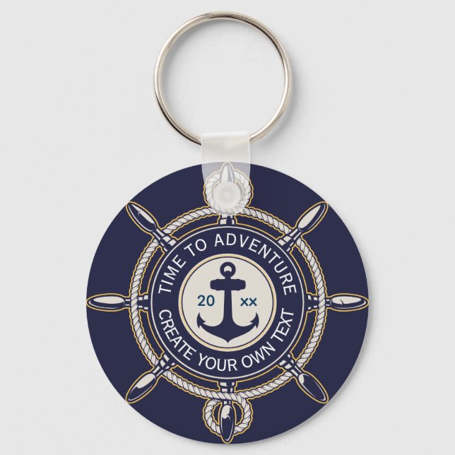 Navy Blue Nautical Anchor & Ship's Wheel Adventure Key Ring (Front)