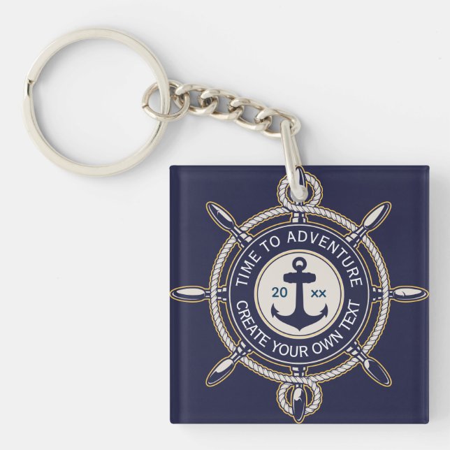Navy Blue Nautical Anchor & Ship's Wheel Adventure Key Ring (Front)