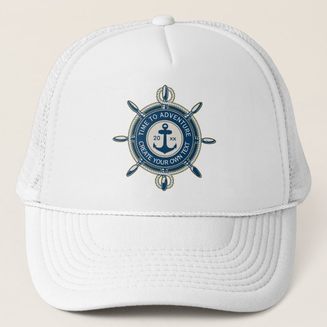 Navy Blue Nautical Anchor & Ship's Wheel Adventure Trucker Hat (Front)
