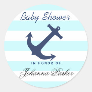 Navy Blue Nautical Anchor Stripes Baby Shower Classic Round Sticker