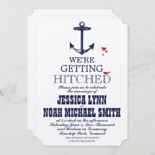Navy Blue Nautical Anchor Typography Red Wedding Invitation