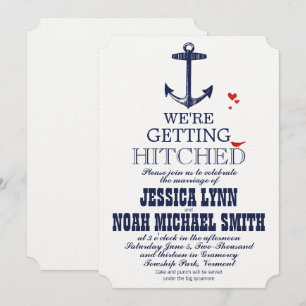 Navy Blue Nautical Anchor Typography Red Wedding Invitation