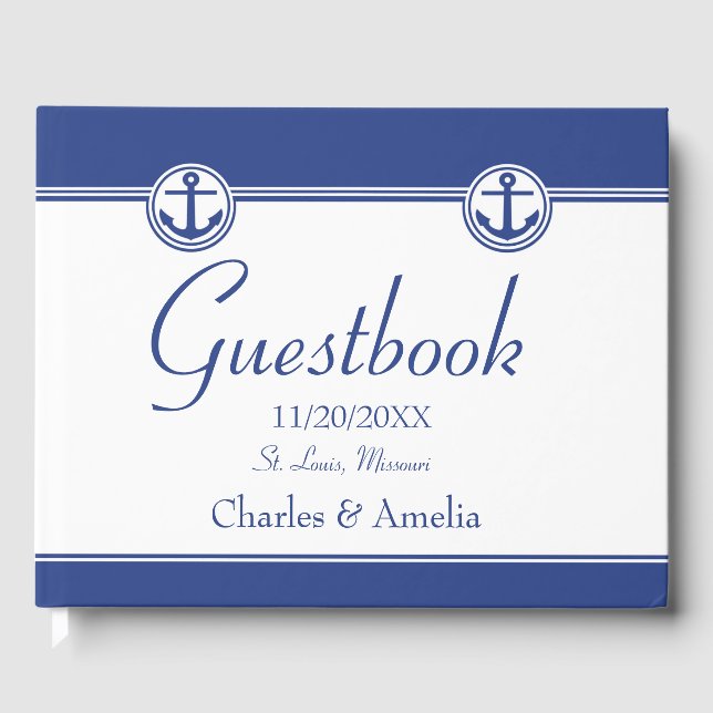 Navy Blue Nautical Anchor Wedding Day Guestbook (Front)