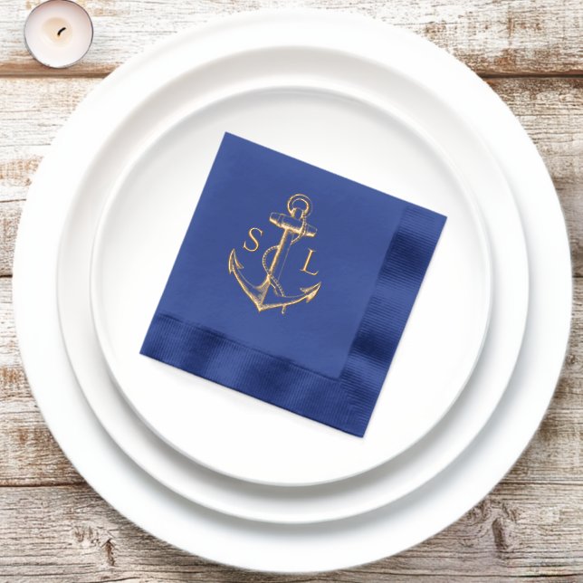 Navy Blue Nautical Anchor Wedding Monogram Gold Foil Napkins (Inisitu)