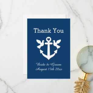 Navy blue nautical anchor white dove wedding thank you card