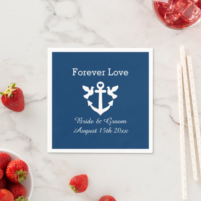 Navy blue nautical anchor white doves wedding napkin (Insitu)