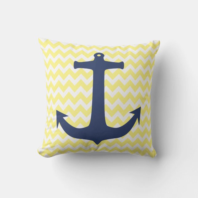 Navy Blue Nautical Anchor Yellow White Chevron Cushion (Front)