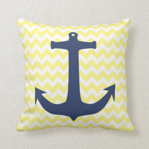 Navy Blue Nautical Anchor Yellow White Chevron Cushion