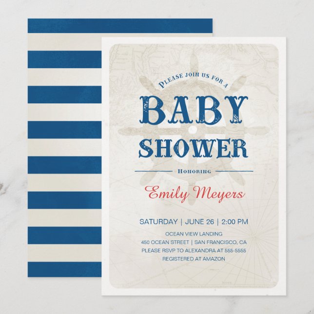 Navy Blue Nautical Baby Shower Invitation (Front/Back)
