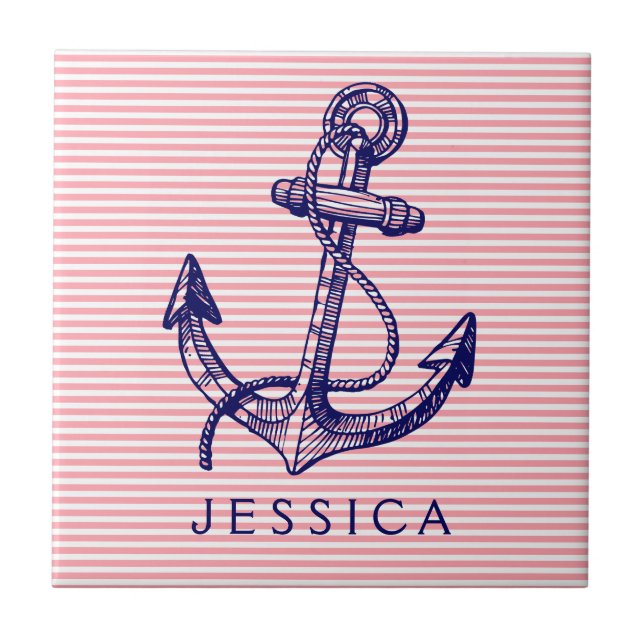 Navy Blue Nautical Boat Anchor 2 And Pink Stripes Tile (Front)