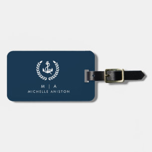 Navy Blue Nautical Boat Anchor Monogram Custom Luggage Tag