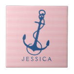 Navy Blue Nautical Boat Anchor On Pink Tile<br><div class="desc">Navy blue nautical boat anchor 2 illustration with light pink and white tin stripes pattern. Customisable monogram with navy blue stripes accents. If you need any help customising any of my designs,  contact ArtOnWear designer. Free text formatting with live help available by request.</div>