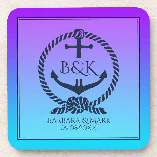 Navy Blue Nautical Boat Anchor On Purple & Blue Coaster (Front)