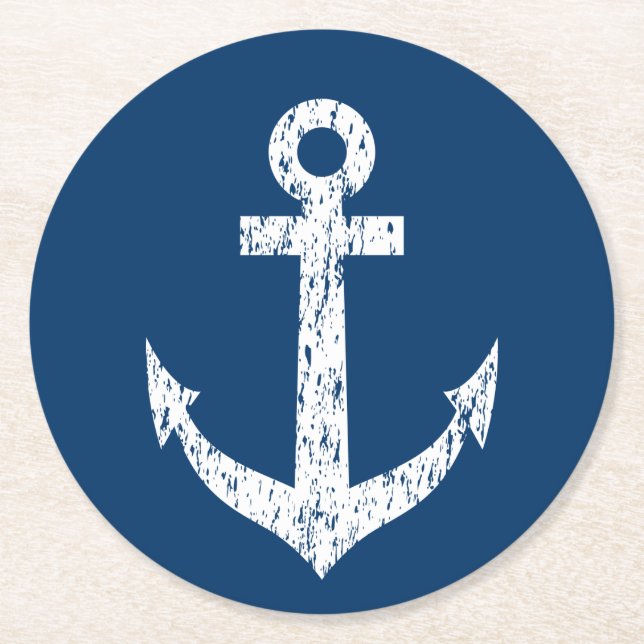Navy blue nautical boat anchor paper coasters (Front)