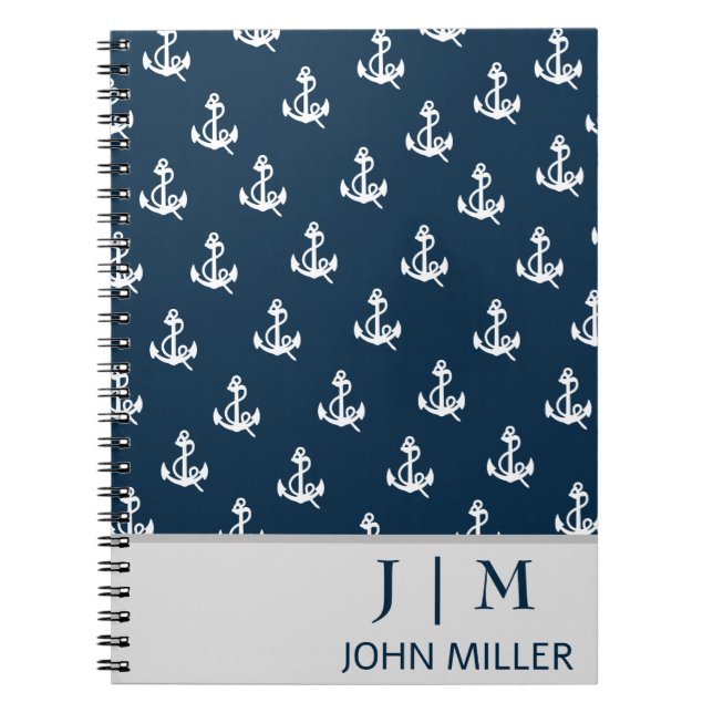 Navy Blue Nautical Boat Anchor Pattern Monogram Notebook (Front)