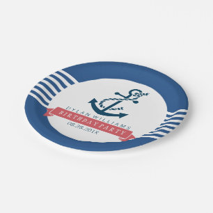 Navy Blue Nautical Boat Anchor & Stripes Paper Plate