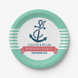 Navy Blue Nautical Boat Anchor White Stripes Paper Plate