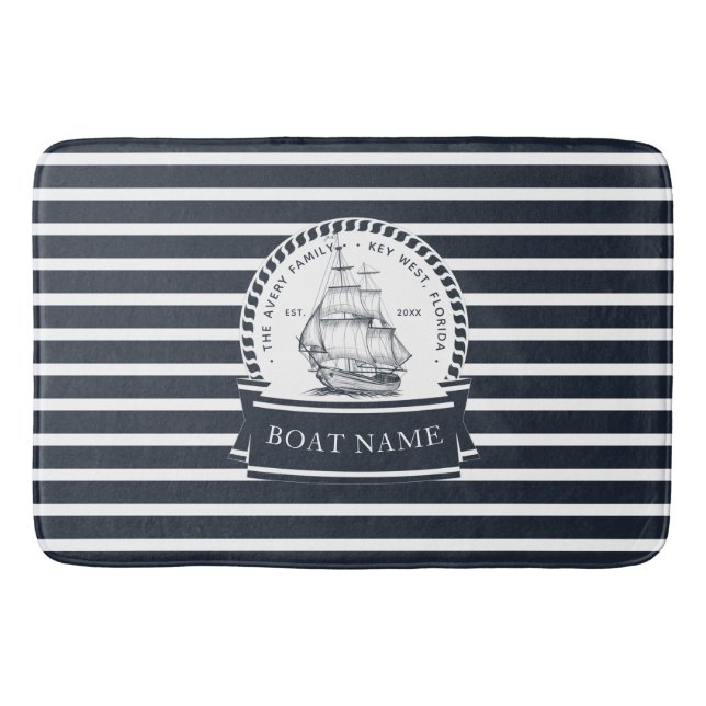 Navy Blue Nautical Boat Personalised Bath Mat (Front)