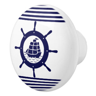 Navy Blue Nautical Boat Wheel And Stripes Ceramic Knob