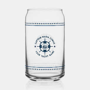 Navy Blue Nautical Boat Wheel Blue Stars Can Glass