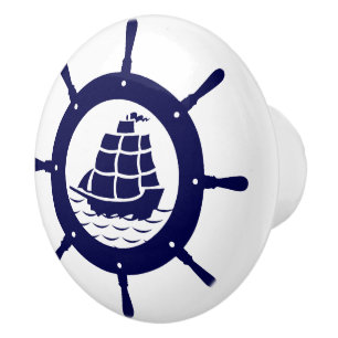 Navy Blue Nautical Boat Wheel Illustration Ceramic Knob