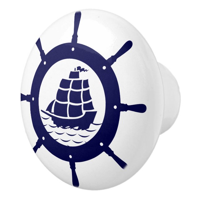 Navy Blue Nautical Boat Wheel Illustration Ceramic Knob (Right)