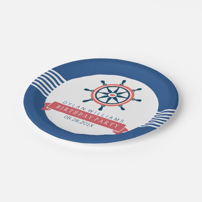 Navy Blue Nautical Boat Wheel & Stripes Paper Plate (Angled)