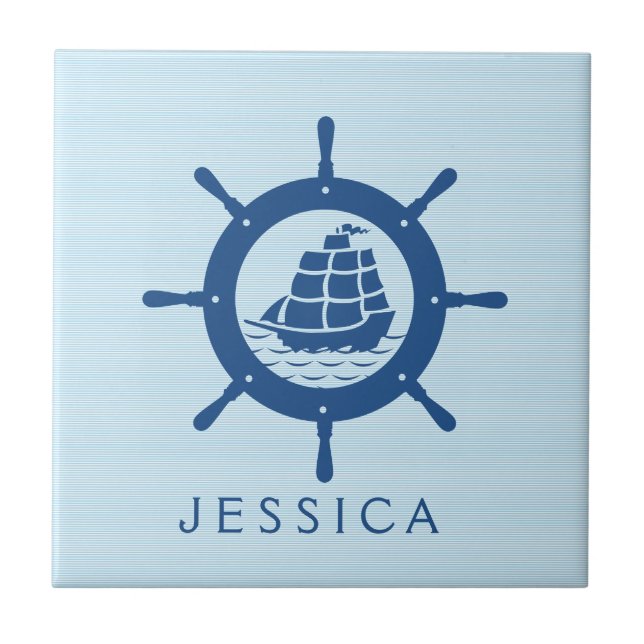 Navy Blue Nautical Boat Wheel Tile (Front)