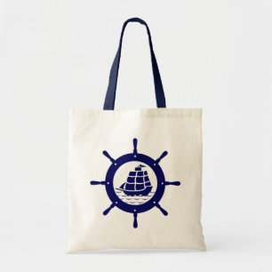 Navy Blue Nautical Boat Wheel Tote Bag