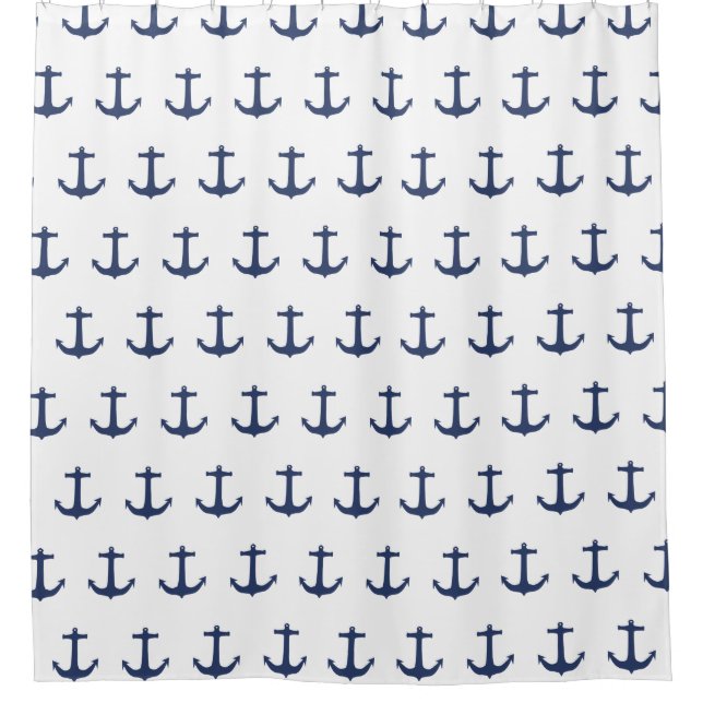 Navy Blue Nautical Classic Anchor Shower Curtain (Front)