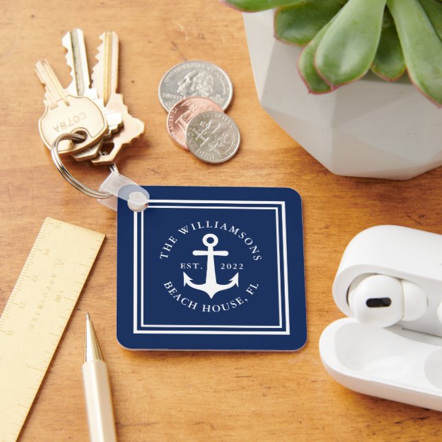 Navy Blue Nautical Custom Name Boat Anchor Key Ring (Desk)