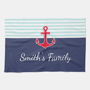 Navy Blue Nautical Design Custom Family Name Tea Towel