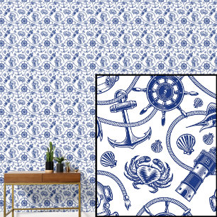 Navy Blue Nautical Design on White Wallpaper