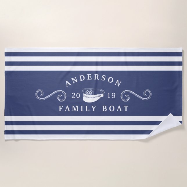 Navy Blue Nautical Family Boat Boating Captain Beach Towel (Front)