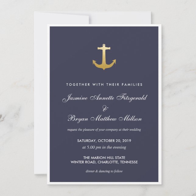 Navy Blue Nautical Faux Gold Foil Anchor Wedding Invitation (Front)