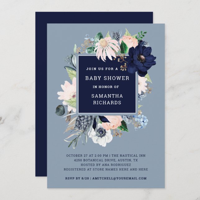 Navy Blue Nautical Floral | Baby Shower Invitation (Front/Back)