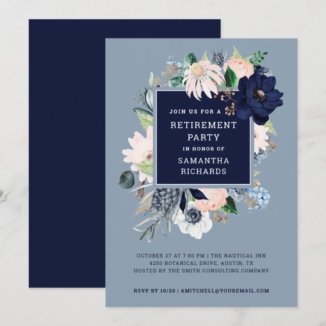 Navy Blue Nautical Floral | Retirement Party Invitation (Front/Back)