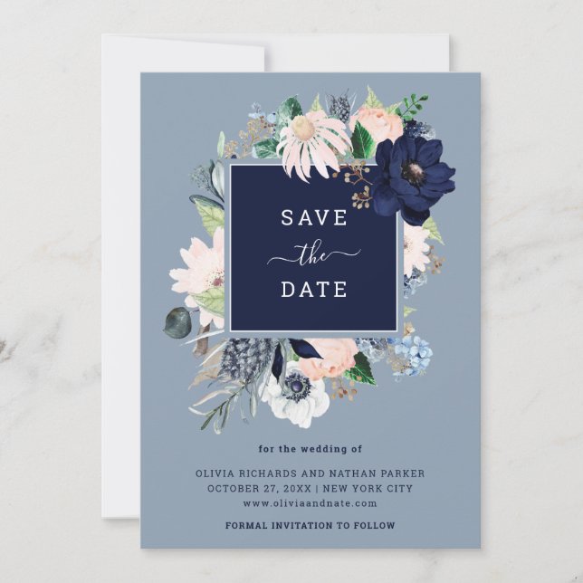 Navy Blue Nautical Floral Save The Date (Front)