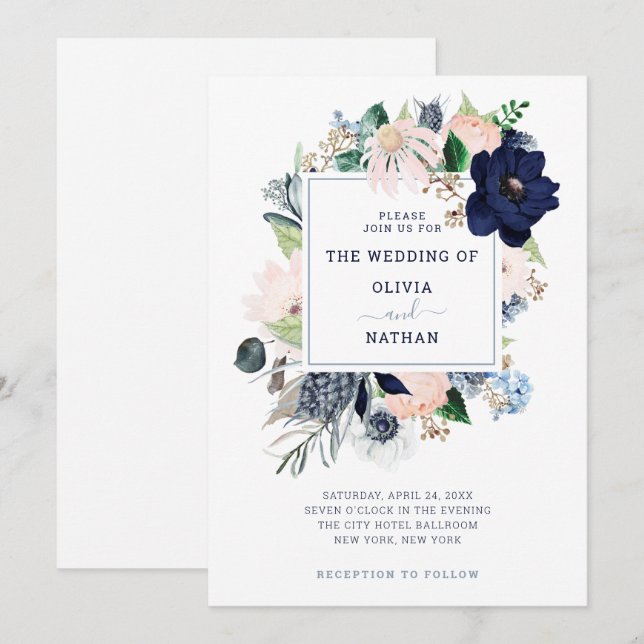 Navy Blue Nautical Floral | Wedding Invitation (Front/Back)