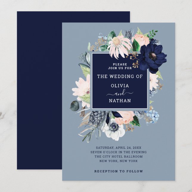 Navy Blue Nautical Floral | Wedding Invitation (Front/Back)