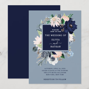 Navy Blue Nautical Floral Wedding Invitation