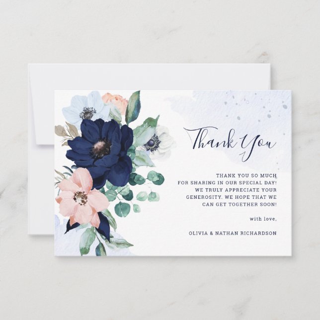 Navy Blue Nautical Flowers Wedding Thank You Card (Front)