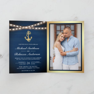Navy Blue Nautical Gold Anchor QR Code Wedding Invitation