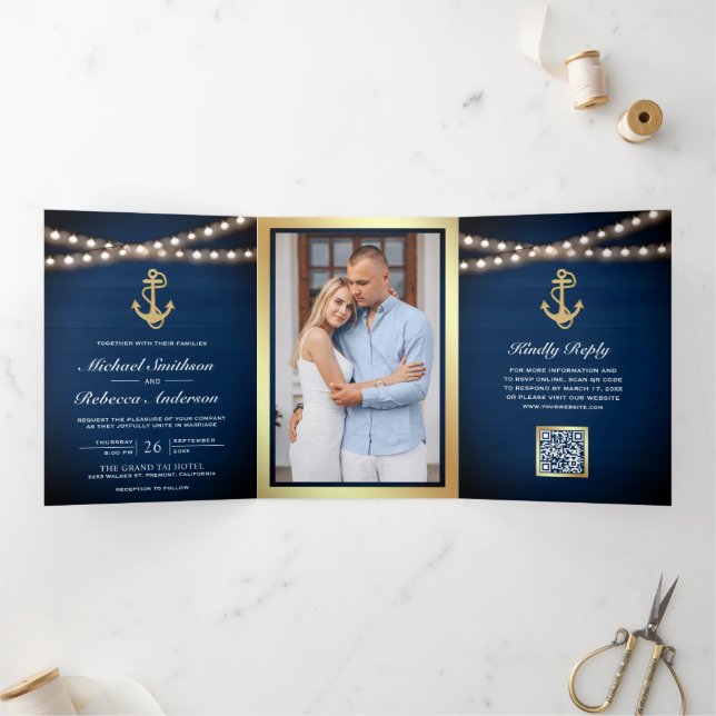 Navy Blue Nautical Gold Anchor QR Code Wedding Tri-Fold Invitation (Inside)