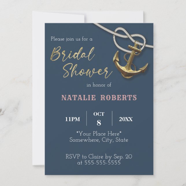Navy Blue Nautical Gold Anchor Rope Bridal Shower  Invitation (Front)
