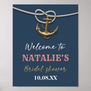 Navy Blue Nautical Gold Anchor Rope Bridal Shower Poster