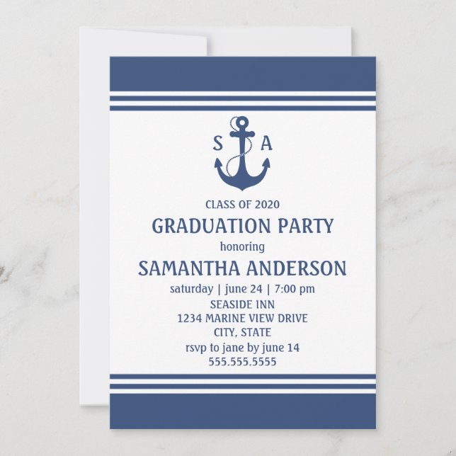 Navy Blue Nautical Graduation Party Invitations (Front)
