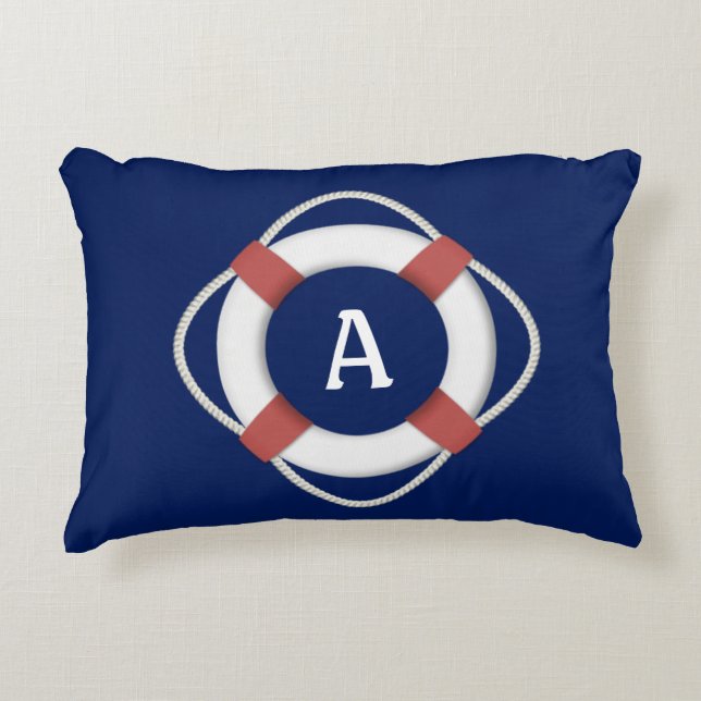Navy Blue Nautical Lifesaver Monogram Decorative Cushion (Front)