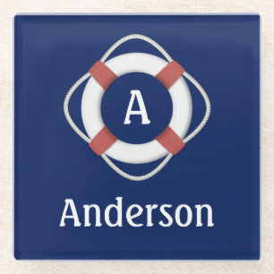 Navy Blue Nautical Lifesaver Monogram Glass Coaster