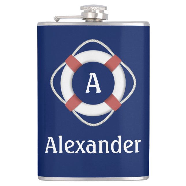 Navy Blue Nautical Lifesaver Monogram Hip Flask (Front)